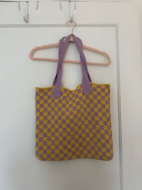Purple and Yellow Checkered Knit Tote Bag